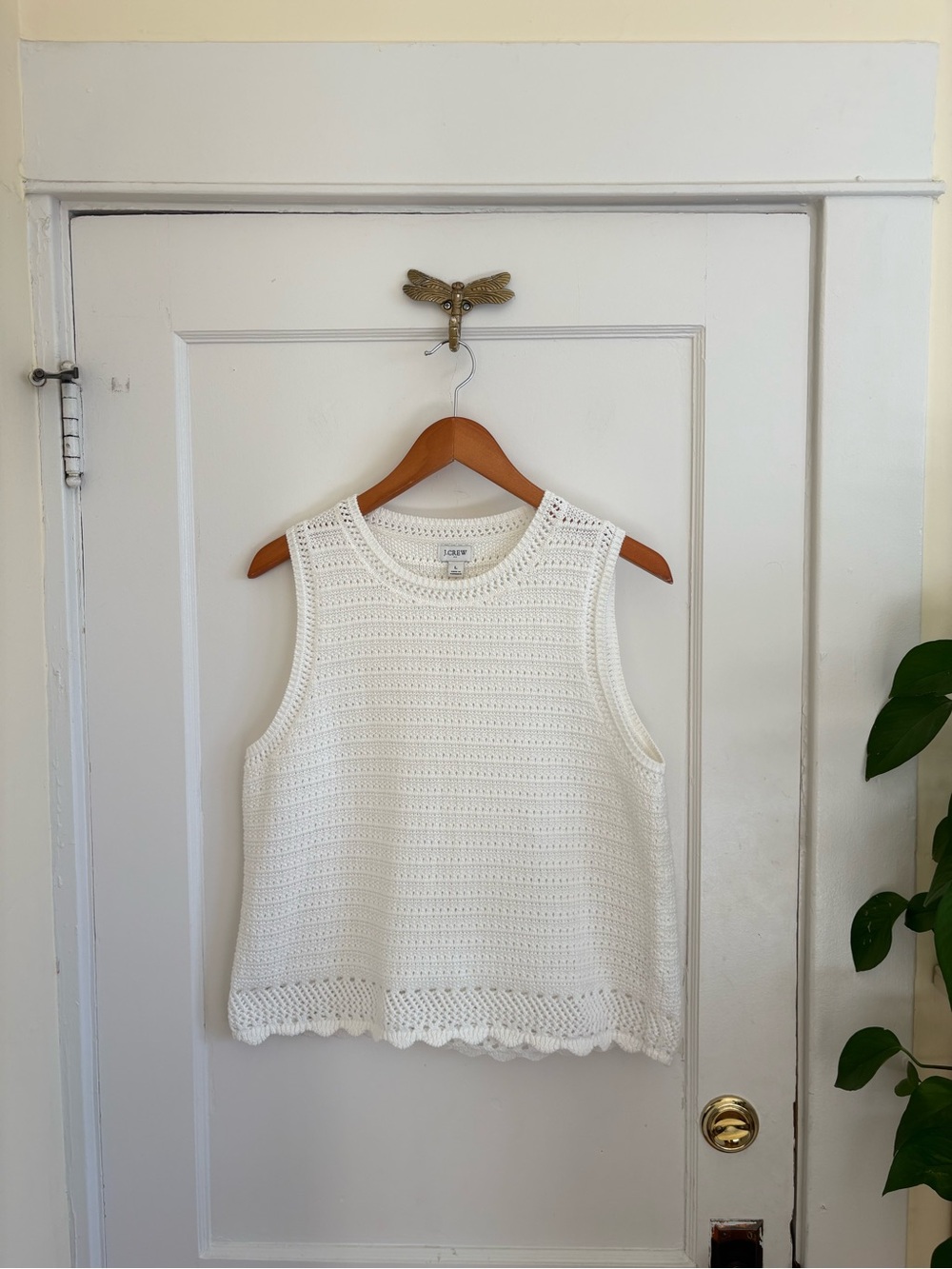 J.Crew White Crochet Knit Tank Top Boho Scallop Hem Cotton Summer Sleeveless